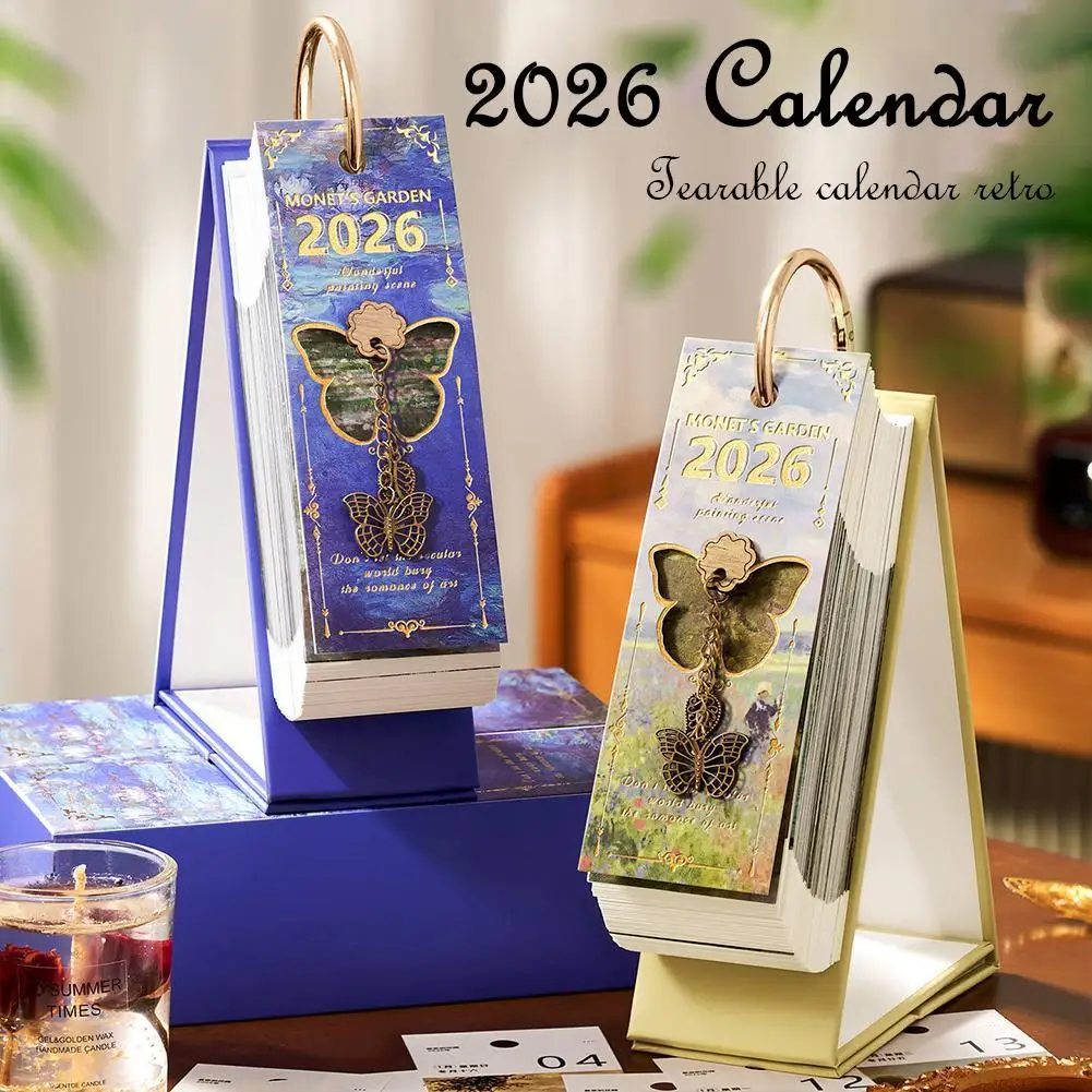 

2026 Desk Calendar With Gold Ring Binding 365 Days Vintage Oil Painting Inspirational One-Way Page Turn Daily Planner