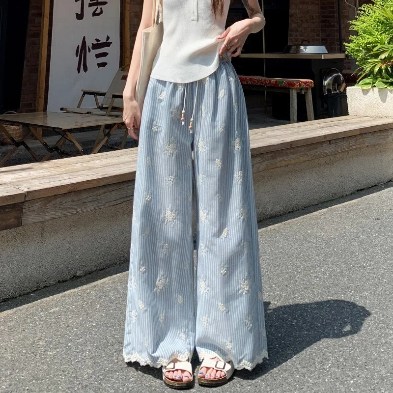 Vintage Blue Striped Embroidered Wide-leg Pants Women's Summer 2026 High-waisted Lace Stitching Casual Straight Trousers Popular