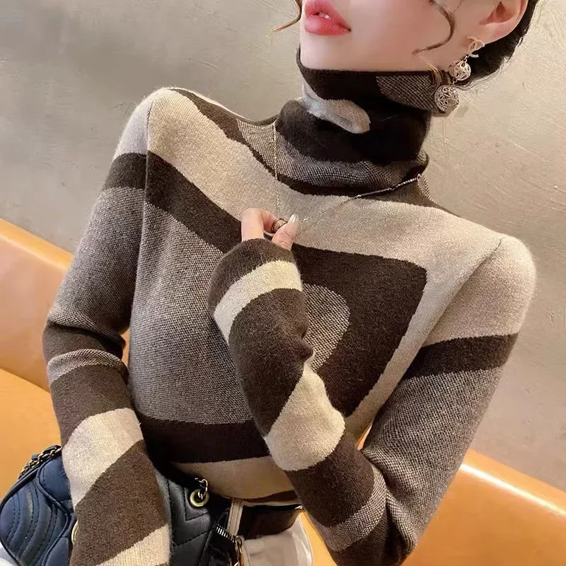 Women's Turtleneck Slim Fashion Knitted Sweater Spring New Y2k Chic All-match Vintage Wool Pullovers Daily Casual Soft Knitwear