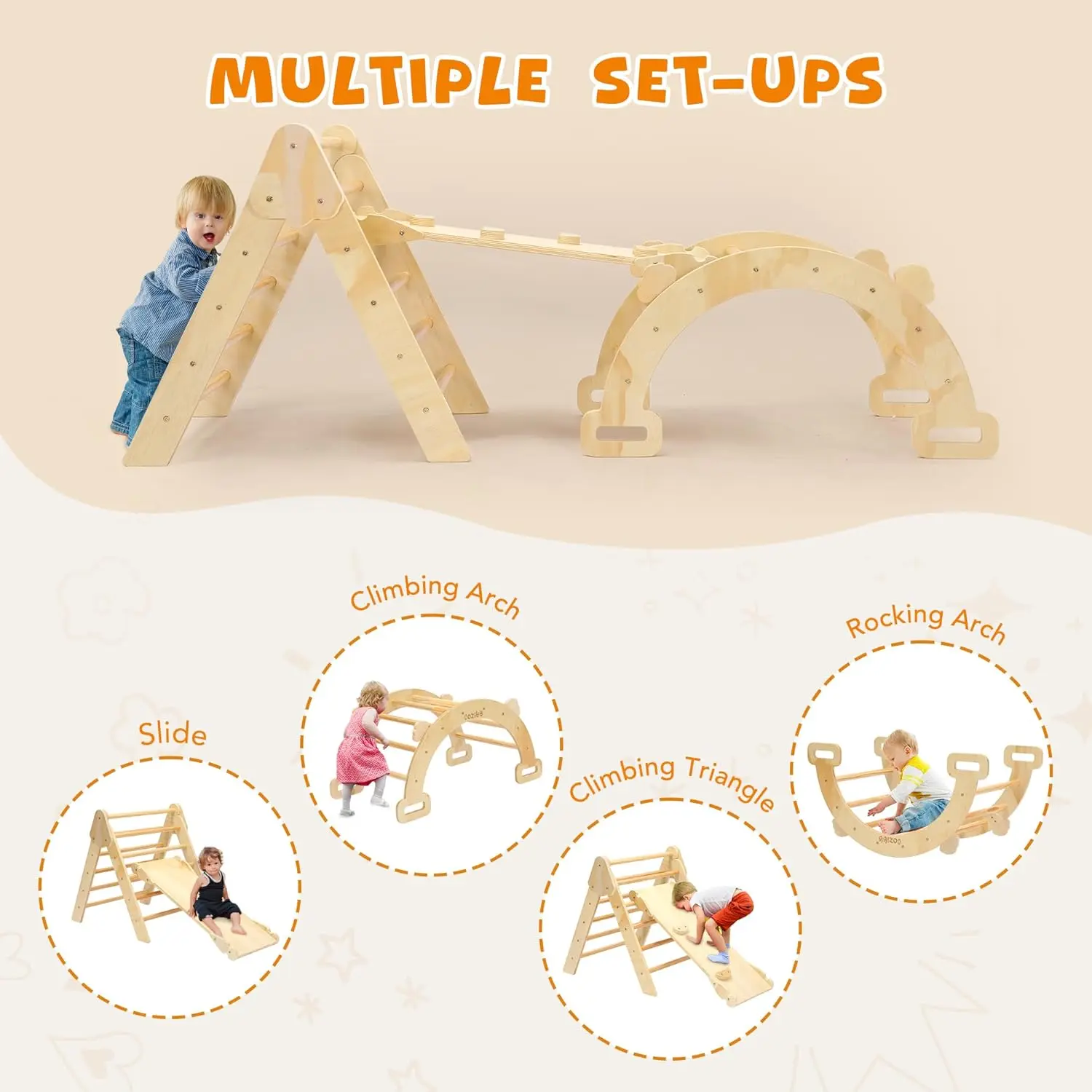 Pikler Triangle Set,Wooden Montessori Climbing Toys Baby Indoor Playground Gym, Foldable Indoor Climbing Toys with Ramp,