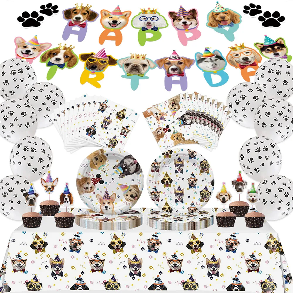 Dog Birthday Party Supplies Puppy Party Decorations Disposable Tableware Paper Plate Cup Napkin Tablecloth Cake Topper Banner