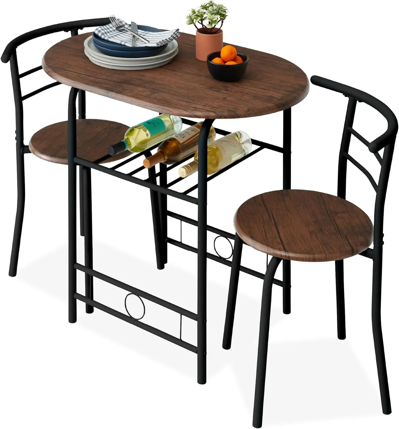 Ensemble de table et chaise rondes en bois pour cuisine, salle à manger, espace compact avec cadre en acier, vin intégré T1, noir, marron, 3 pièces