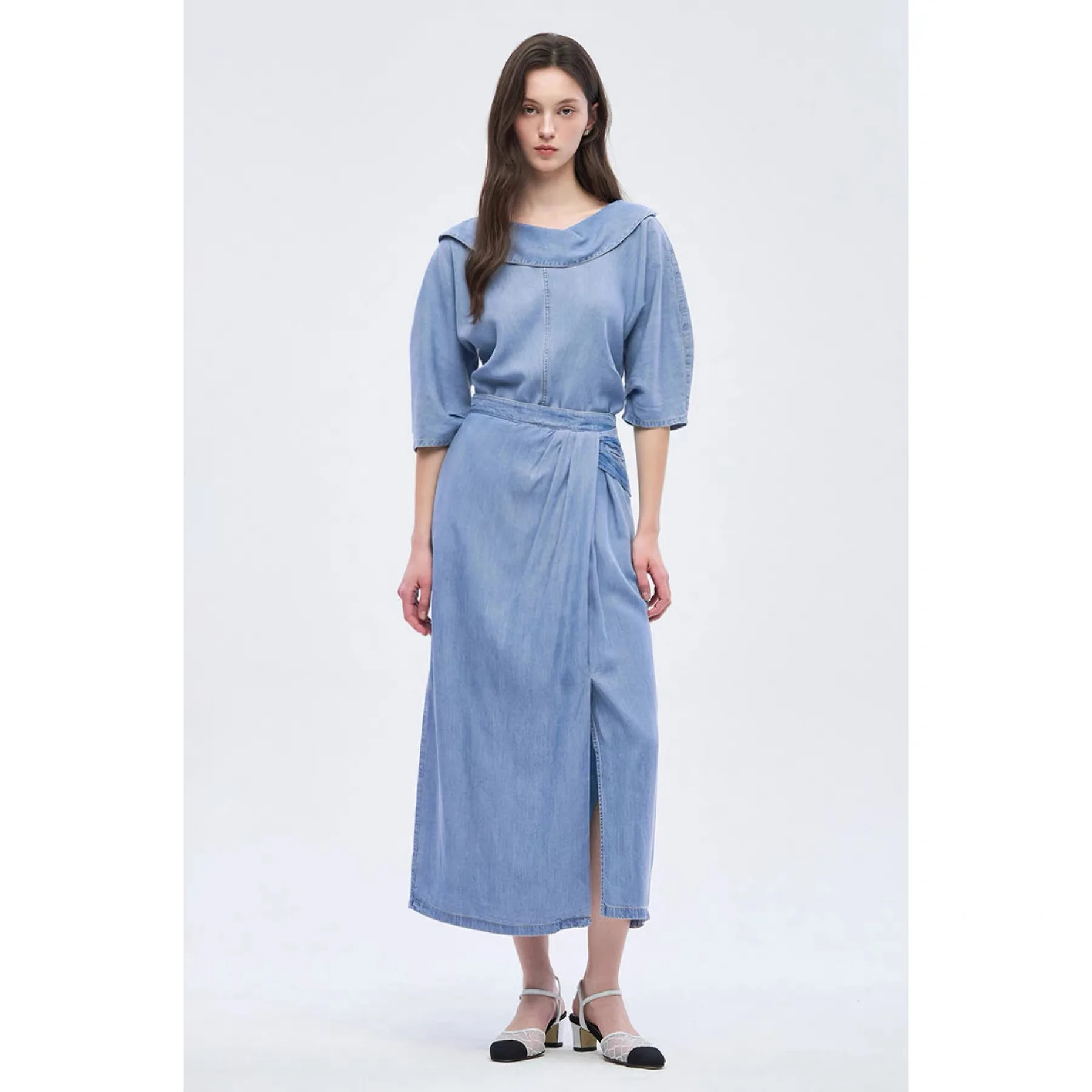 

NingYao OBZ26 Spring Summer Pleated Waist-Cinching Top Straight-Leg Half Skirt Wide-Leg Pants Three-Piece Set High Waist Long...