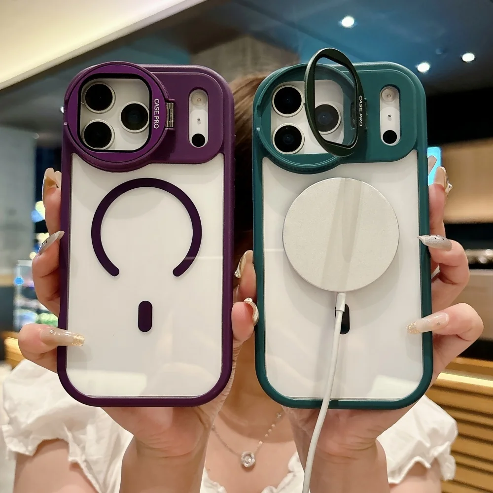 Fold Glass Lens Stand Magnetic Transparent Case For iPhone 17 13 12 11 Pro Max 16 15 14 Plus Air For Magsafe Shockproof Cover