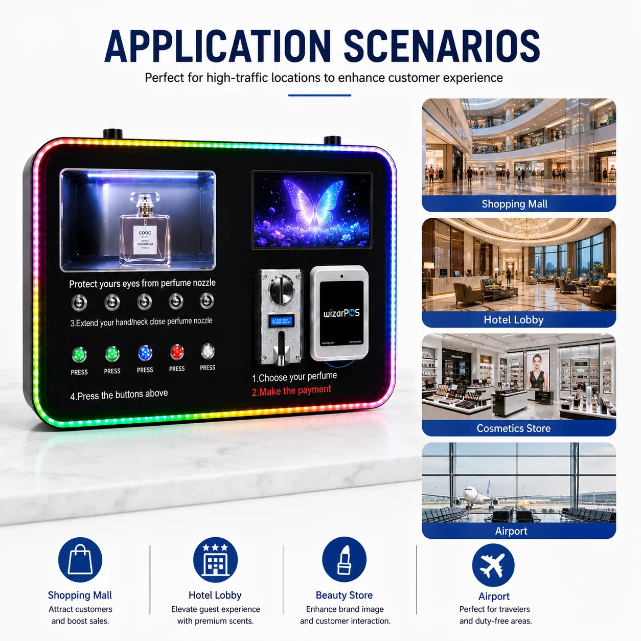 Luxury RGB Light Automatic Perfume Spray Machine 5 Flavors Coin Cash Operated Fragrance Vending Machine for Shopping Centers
