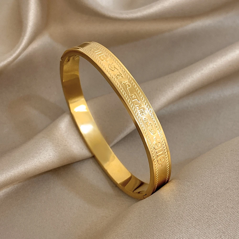

Vintage Gold Color Stainless Steel Round Bangle Bracelet Women Simple Geometric Chunky Cuff Spring Bangle Hand Jewelry Gifts