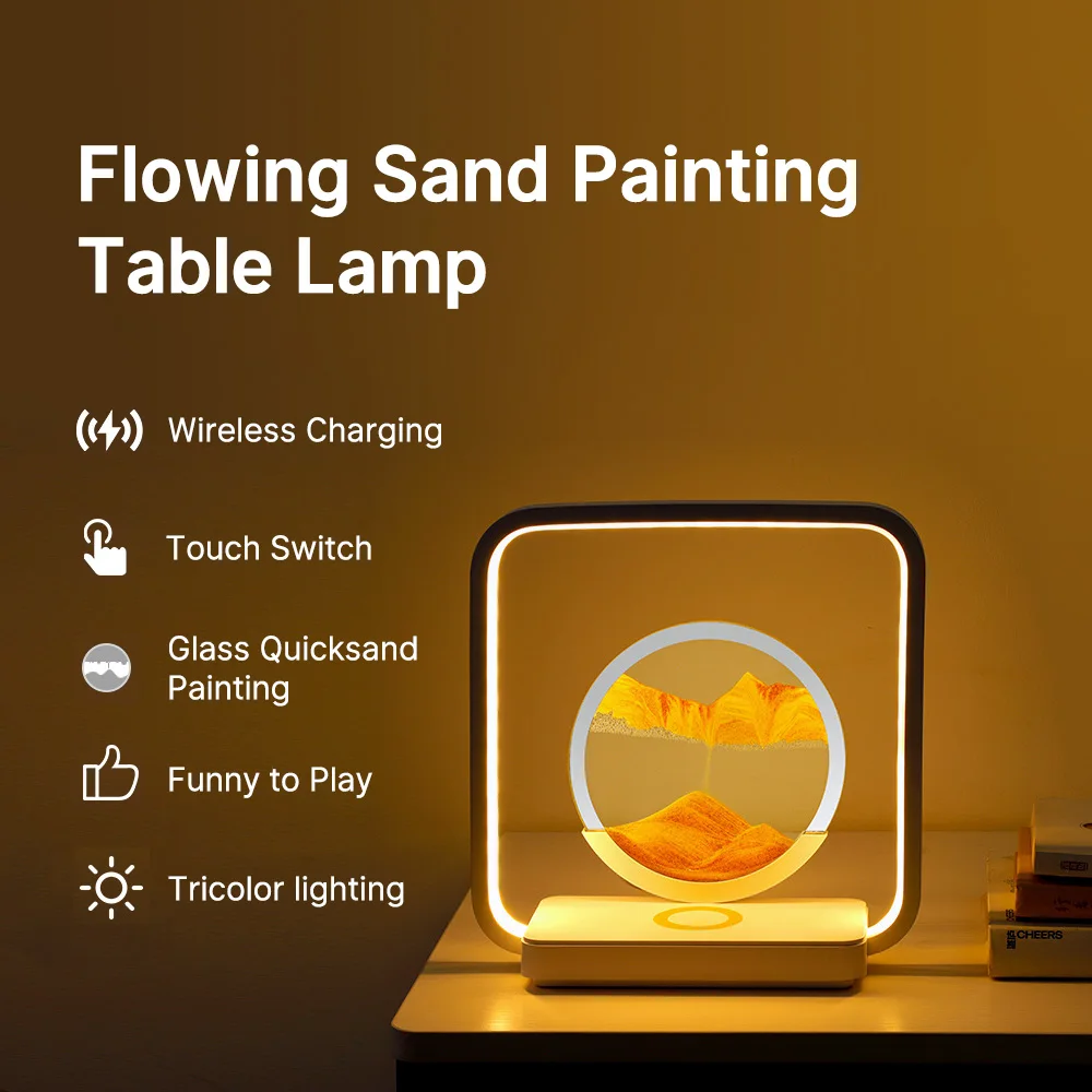 Newest Desktop Quicksand Night Light LED Wireless Charging Bedroom Atmosphere Table Lamp Touch Dimming Hourglass Bedside Lamp