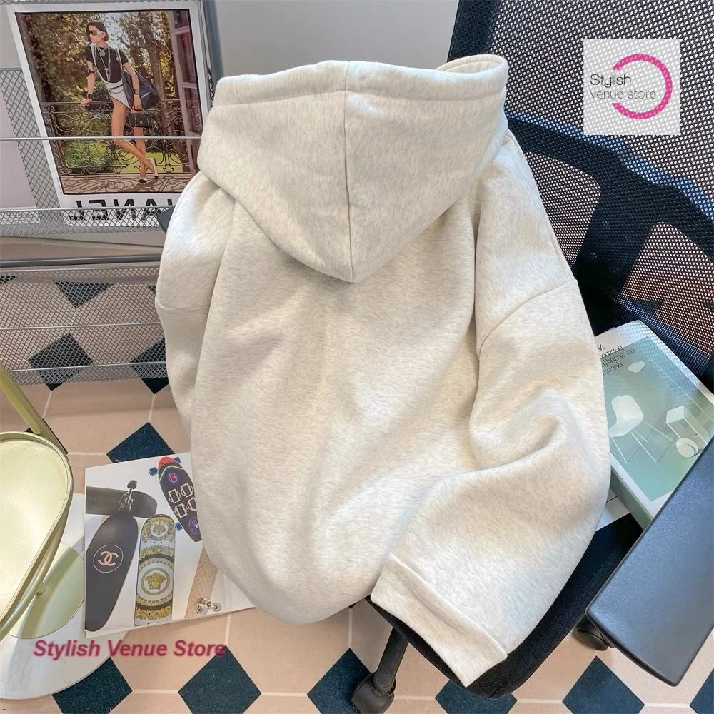 American retro design sense gray trend three-dimensional flower hooded sweater female autumn and winter Korean loose Joker coat