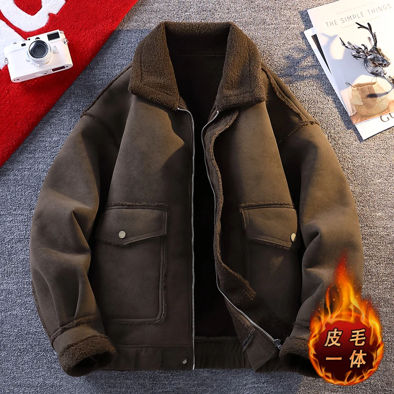 

Autumn/Winter New Men's Fur One piece Imitation Suede Double sided Cotton Jacket with Thick Velvet for Warmth and Retro Design