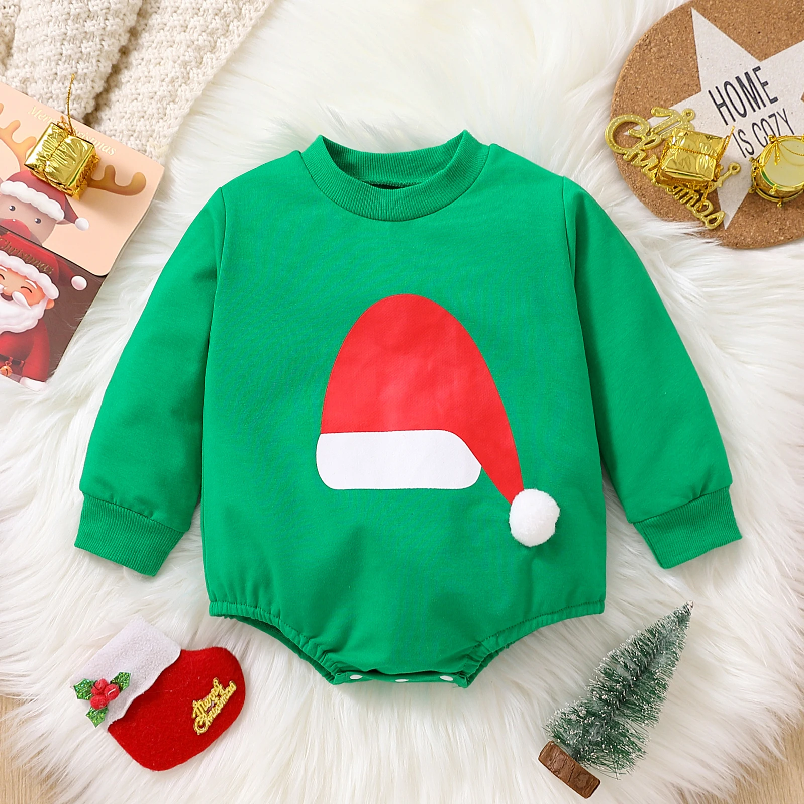 Weihnachtsthemen-Strampler für Kleinkinder mit Rundhalsausschnitt, langen Ärmeln und Dreiecksdesign, inklusive Weihnachtsmütze für Babys