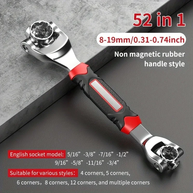 BIESUO 52 in 1 Socket Wrench, Flexible Multi-function Dog Bone with Rubber Handle, 360 Degree Rotating Head Ratchet