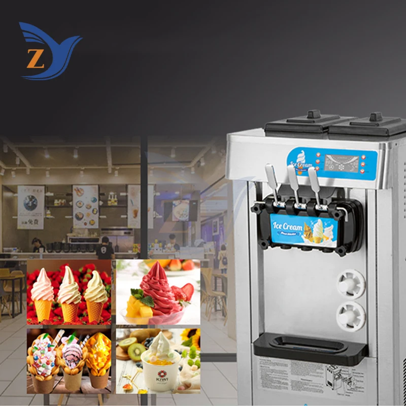 เครื่องทําไอศกรีมเดสก์ท็อปสแตนเลสนุ่มอุปกรณ์ตารางเชิงพาณิชย์ที่กําหนดเองขนาดเล็ก Stalle สามสี 20 ลิตรต่อชั่วโมง