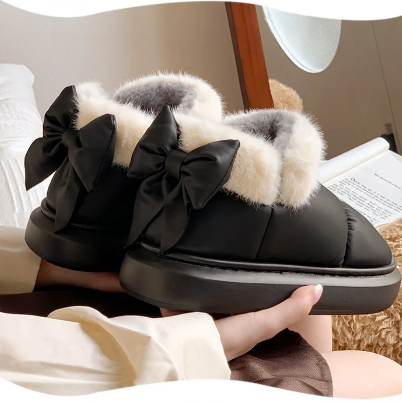 Down Velvet Cotton Slippers with Bow,Winter Indoor Keep Warm Casual Non-slip Soft Sole Plush Shoes,Waterproof Boots