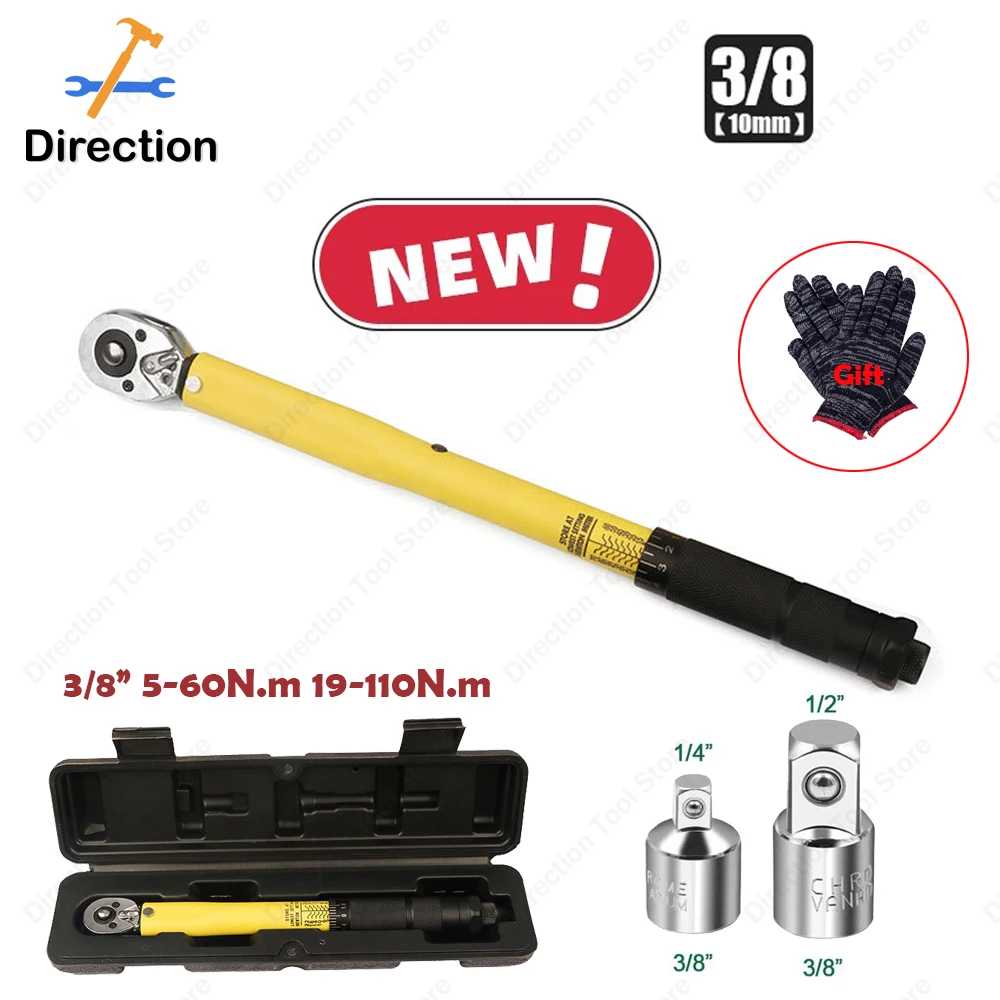 5-60/ 19-110N.m Torque Wrench  3/8” Bidirectional preset torque wrench professional bicycle motorcycle car tool &adapter