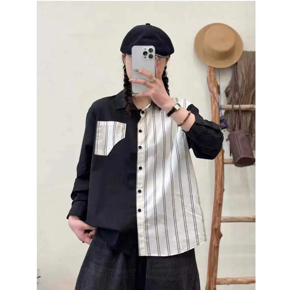 

Japanese Vintage Mori Girl Striped Patchwork Asymmetric Cotton Shirts Women Spring Turn Down Collar Long Sleeve Casual Blouse