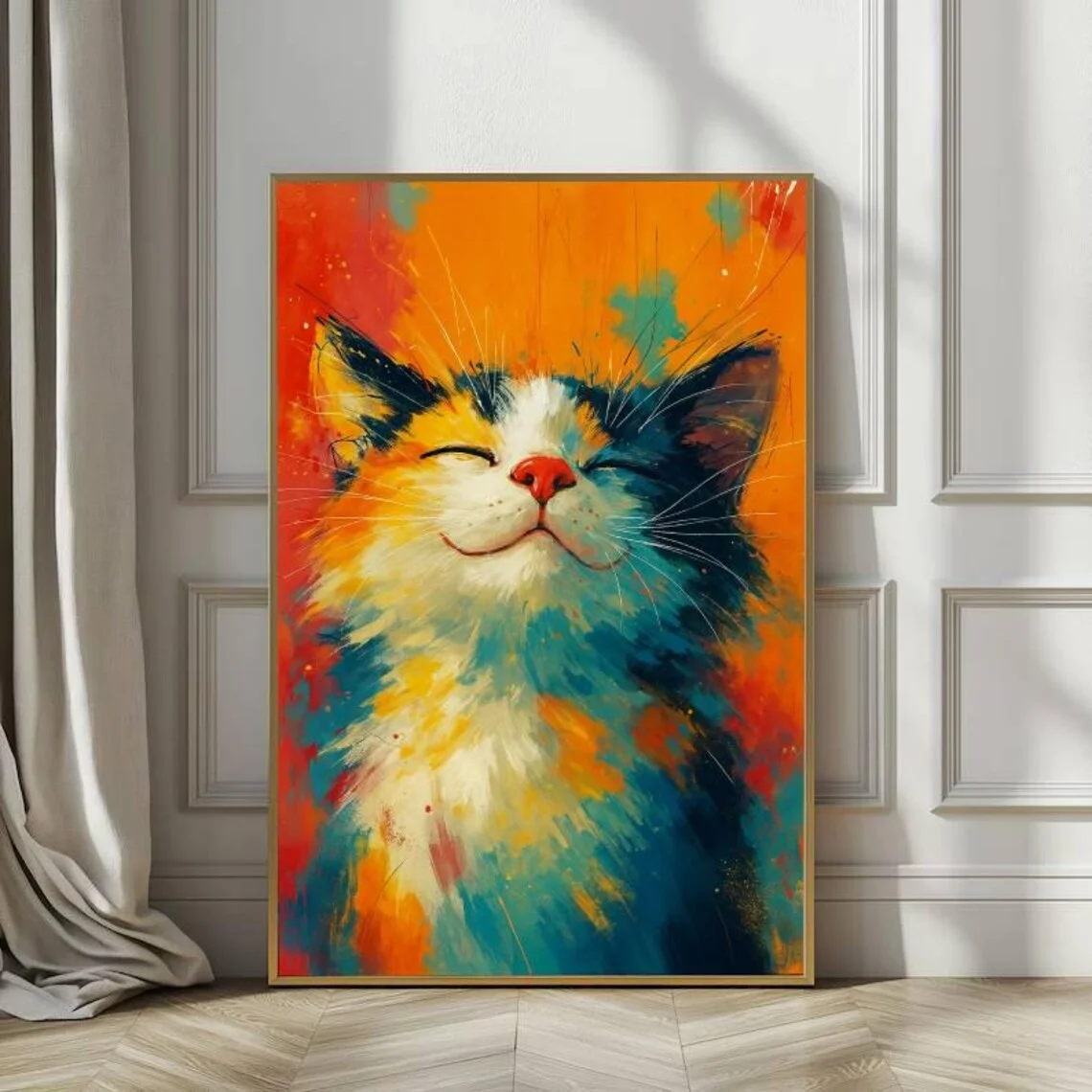 Colorful Cat Wall Art Canvas, Vibrant Cat Painting, Abstract Animal Print, Modern Pet Portrait, Happy Cat Artwork, Bright Home D