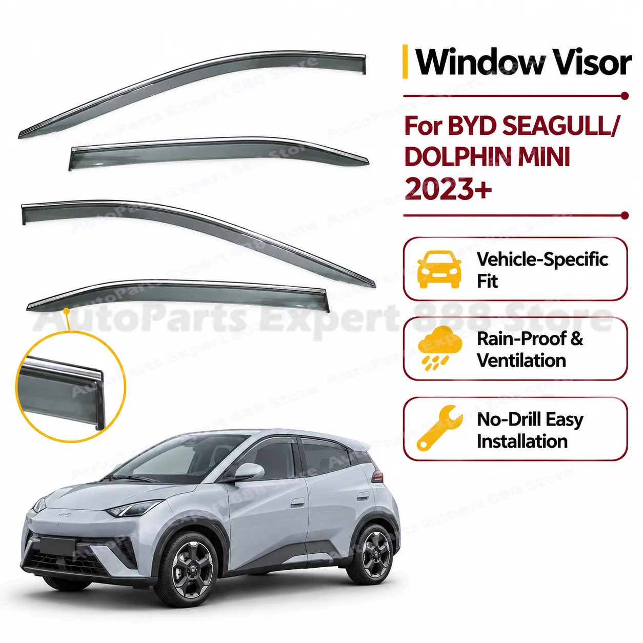Tape-on Window Deflectors for BYD SEAGULL/DOLPHIN MINI 2023+ Vent Window Visors 4pcs Rain Guards
