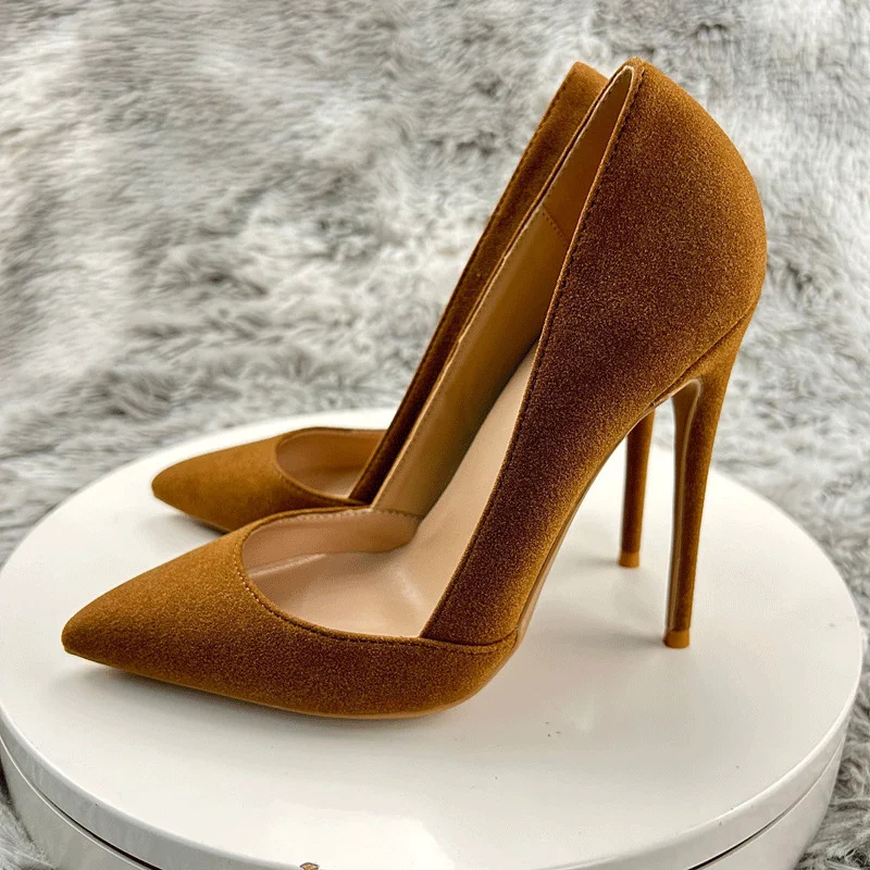 Solid Brown Sexy Women Curl Cut Flock Pointy Toe High Heel Shoes Elegant Faux Suede Slip On OL Stiletto Pumps 12cm 10cm 8cm