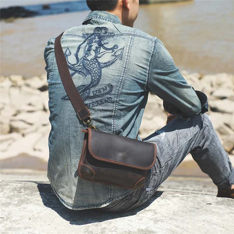 Simple vintage natural crazy horse leather men's small satchel high-quality real first layer cowhide outdoor daily shoulder bag