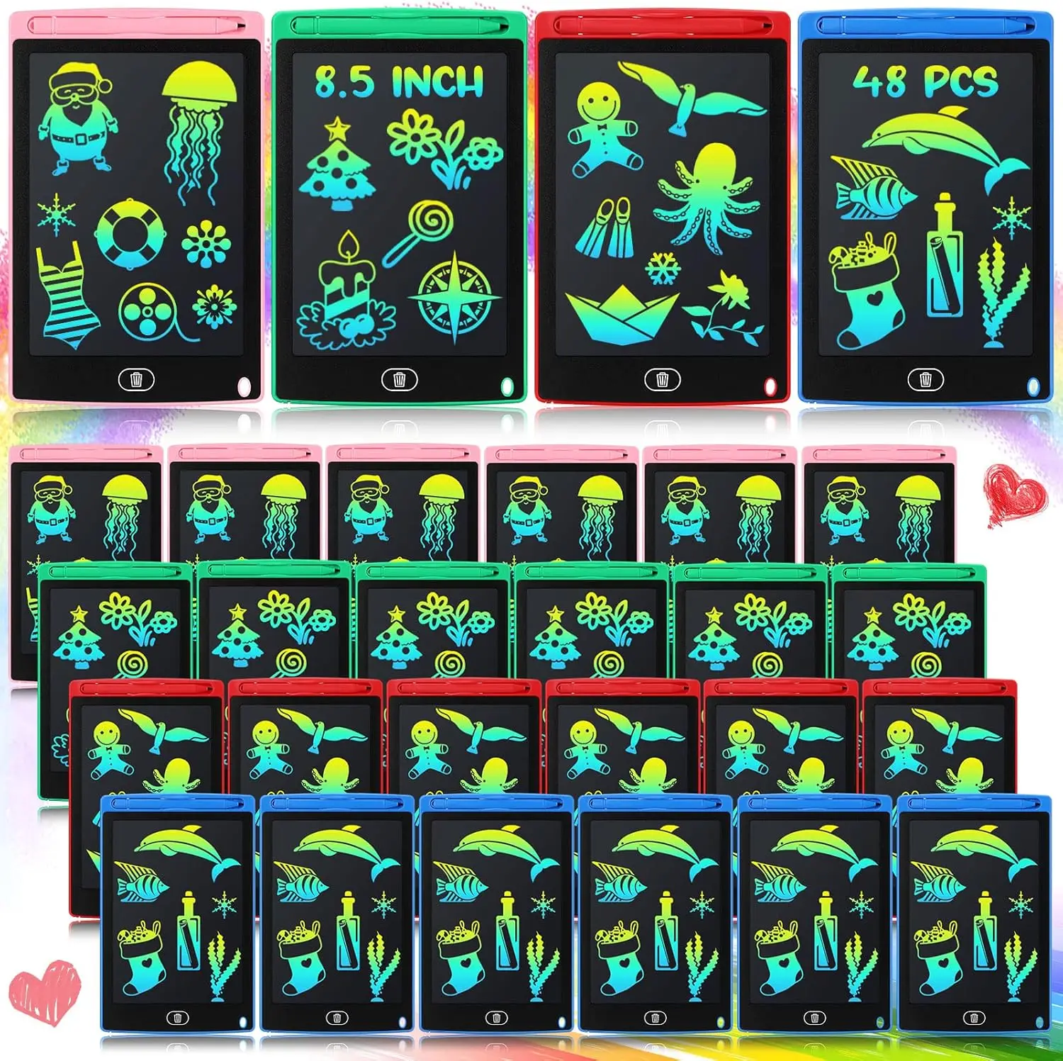 

48-Piece LCD Writing Tablet Set for Kids, 8.5-Inch Erasable Doodle Boards, Learning Toy for Ages 3-10 in Blue, Red, Green, Pink
