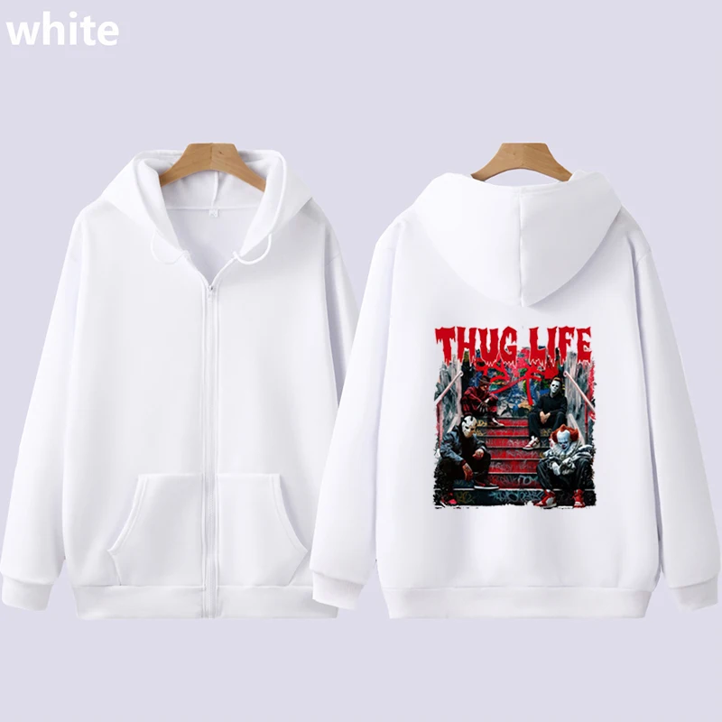 Thug Life Zip Hoodie Horror Movie Characters Sweatshirts For Men Women Halloween Warm Winter Clothing