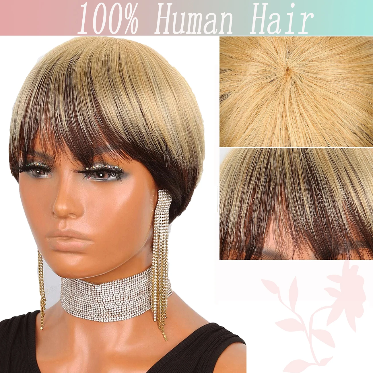 

Короткие парики-пикси из 100% натуральных волос с челкой, цвет F1B/4/27, высокое качество и выгодная цена, прямые, машинной работы, для женщин.