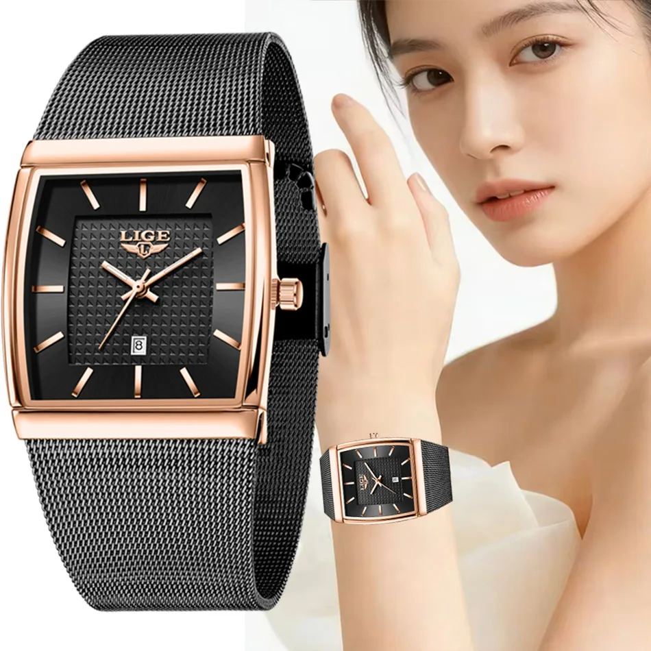 

LIGE Casual Women Watch Rose Gold Ultra Thin Mesh Square Quartz Watch For Women Waterproof Luminous Ladies Wristwatch Clock Gift