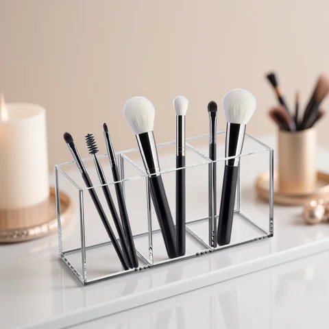 Transparent Makeup Brush Organizer, Makeup Storage Tray, Bathroom Drawer Makeup Organizer, 3 Slot Acrylic Makeup Brush Organizer