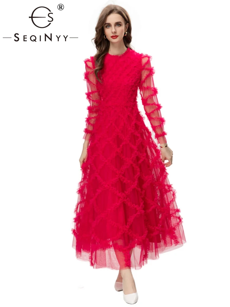 

SEQINYY Elegant Purple Red Long Dress Summer Spring New Fashion Design Women Runway High Street Ruffles Mesh Party A-Line