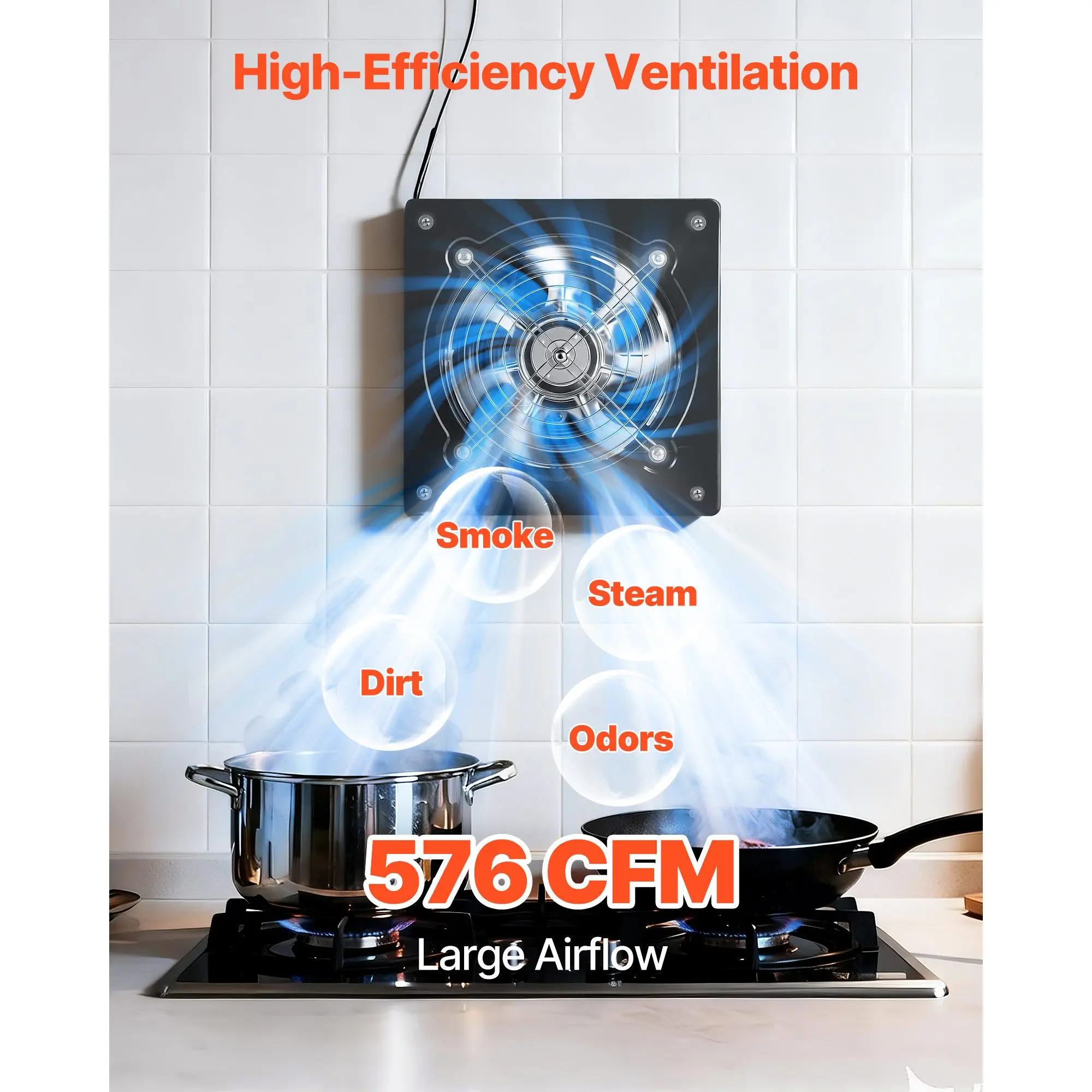 8 Inch Exhaust Fan, 576 CFM High Velocity Wall Mount Vent Fan with On/Off Control, Low Consumption, Portable Ventilation Extract