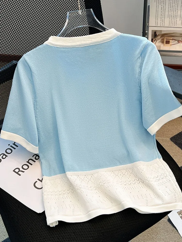 Summer Women's Knitted ort Sve T-irt Color Blo Design Slim Fit ort Length round Ne Top Creative Floral Pattern