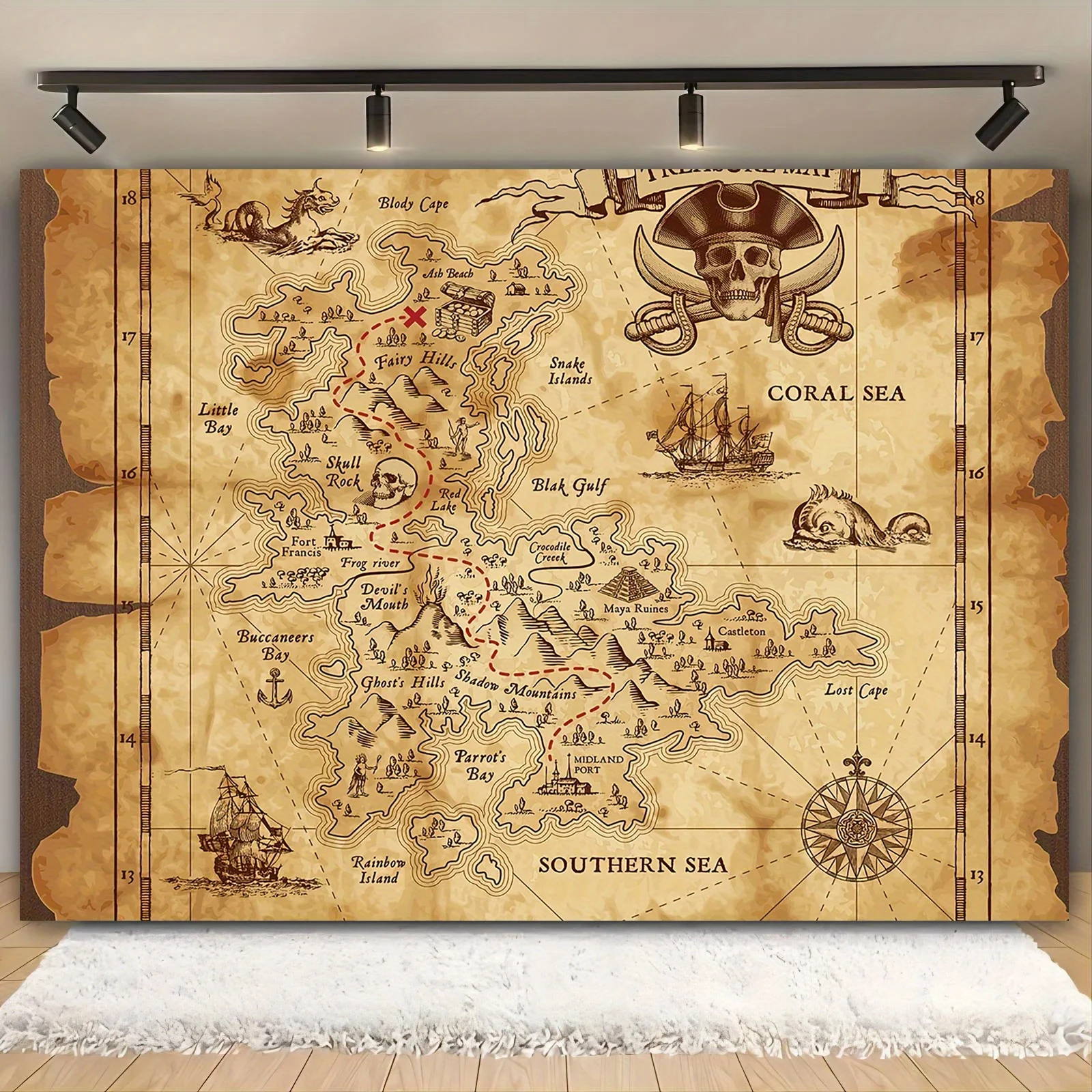Pirate Treasure Map Background - Multi-functional party decoration suitable for theme events and game rooms, polyester fabric