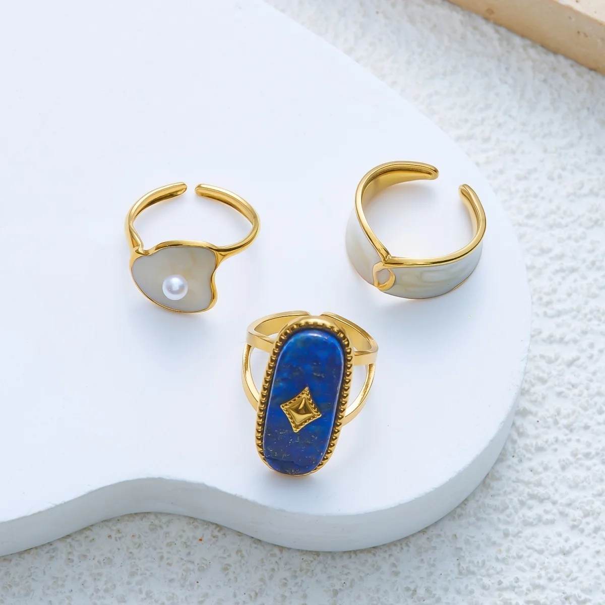 Edelstahl-Rechteck-Naturstein-Emaille-Fingerringe für Damen und Herren, königlicher Vintage-geometrischer Imitationsperlenring, Schmuck – Detail 19
