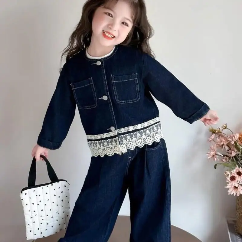 Hot Girl Cowboy Coat 2-Piece Set Spring Autumn Tops Lace Straight-Leg Pants Jeans Child Kawaii Fashion New Style Casual Clothing