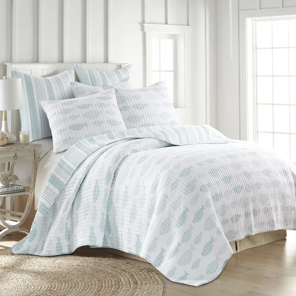 Twin Quilt Set Blue Animal Print 100% Cotton Lightweight Bedding