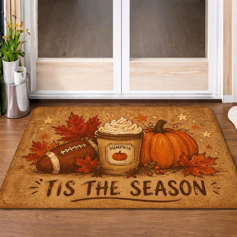 Tis The Season Fall Doormat, Pumpkin Latte Football Maple Leaf Print Entry Mat, Autumn Harvest Porch Decor