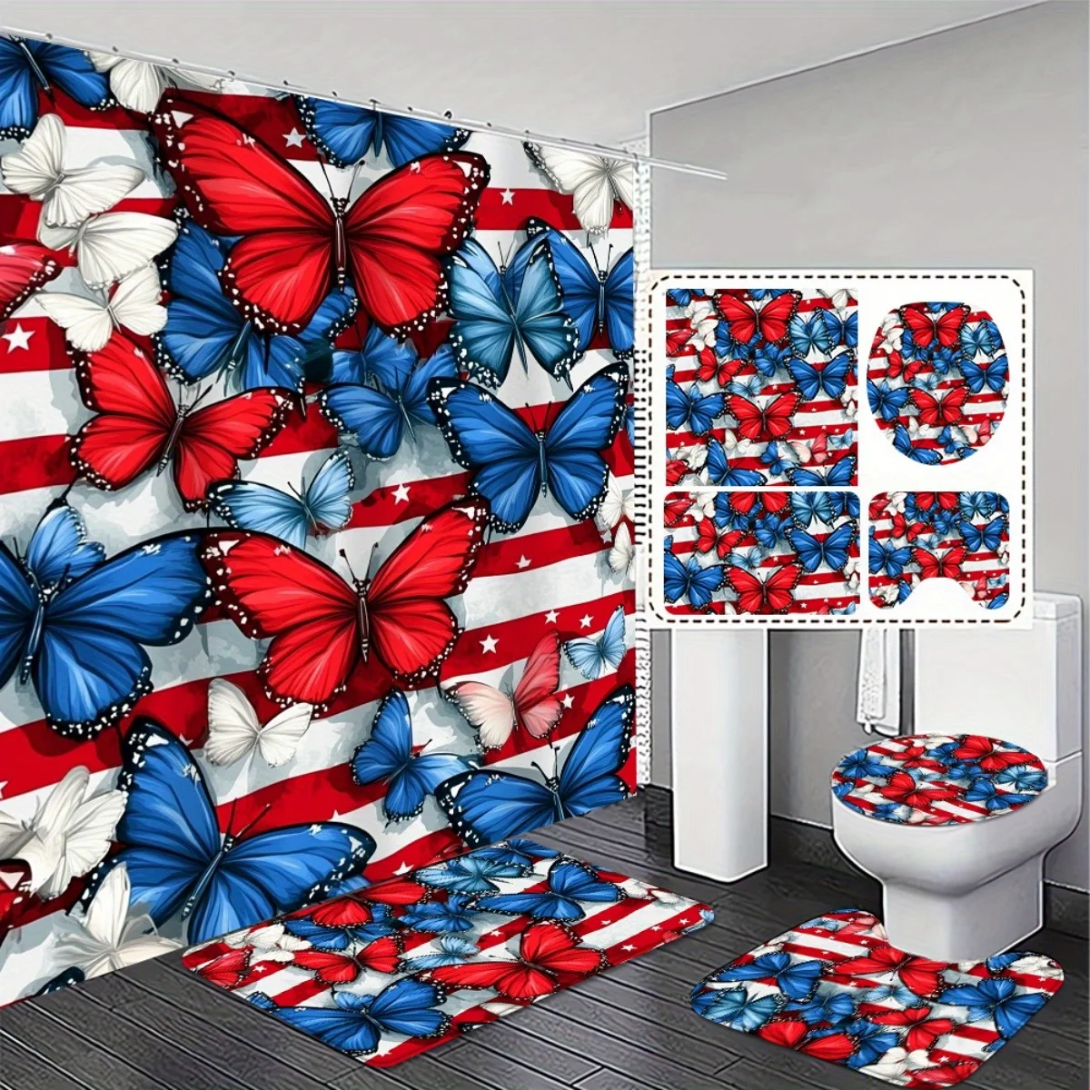 

Patriotic Butterfly Shower Curtain Set with Bath Rugs Toilet Lid Cover and Hooks for 4th of July Bathroom Decor