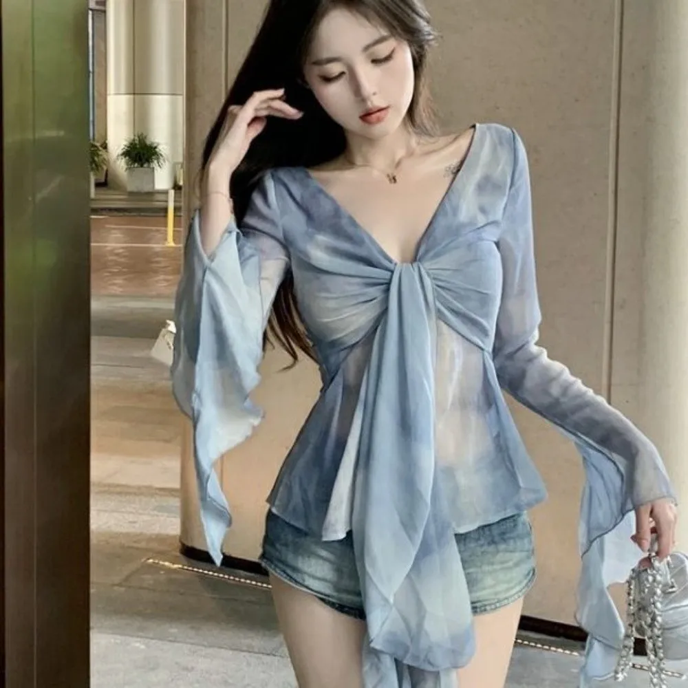 Уличная футболка с сетчатым поясом в виде медузы, эльфийская футболка с длинными рукавами и плиссированным воротником, облегающие укороченные топы, корейские прозрачные Y2K Ins