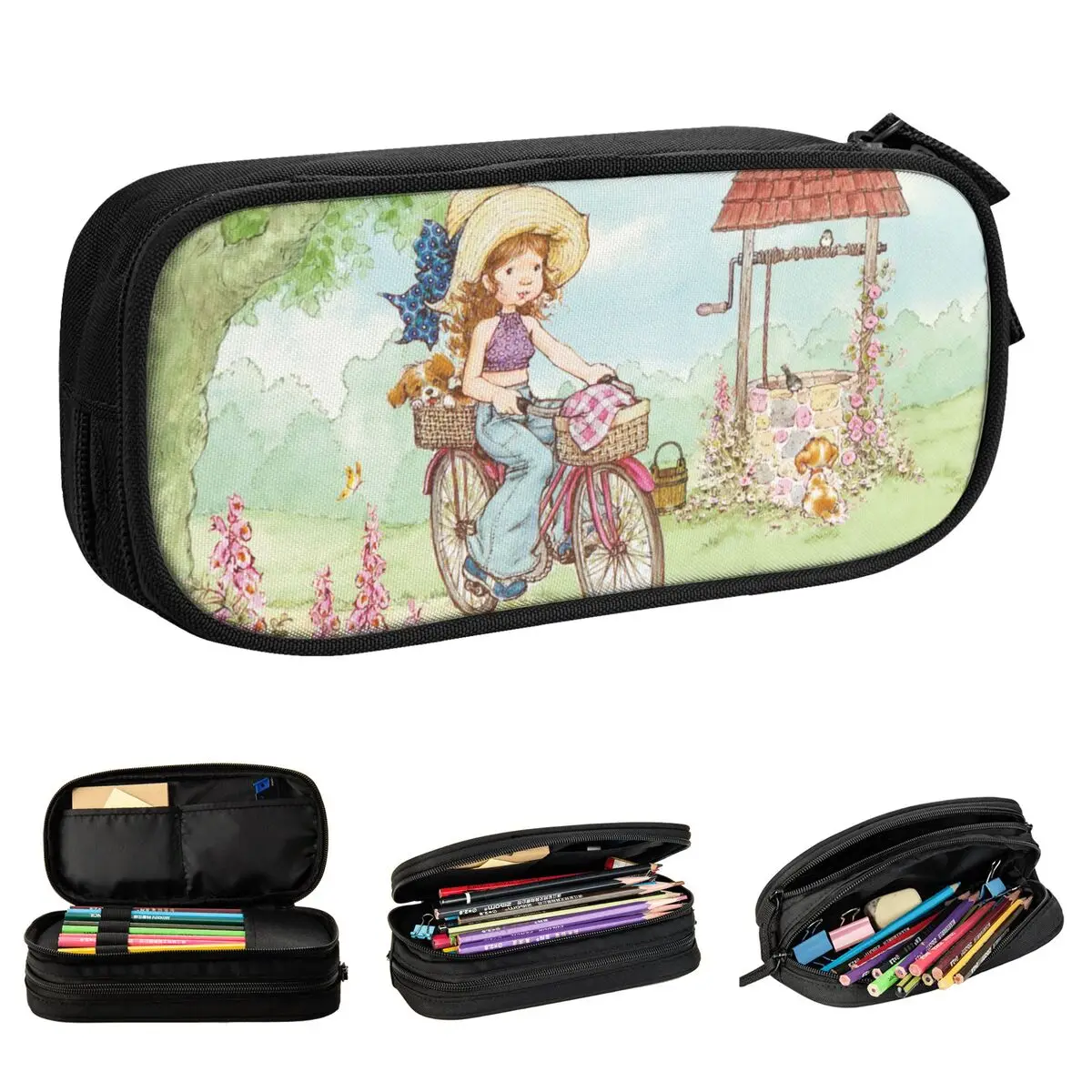 Kawaii Sarah Kay Bike Ride Pencil Case Cartoon Pencil Pouch Pen Box for Student Large Storage Bag Office Zipper Stationery