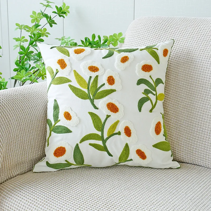 Yulan Flower Pillow Cover Embroidered Green Leaf Sofa Cushion Cover Office Waist Pillowcase Green 45x45