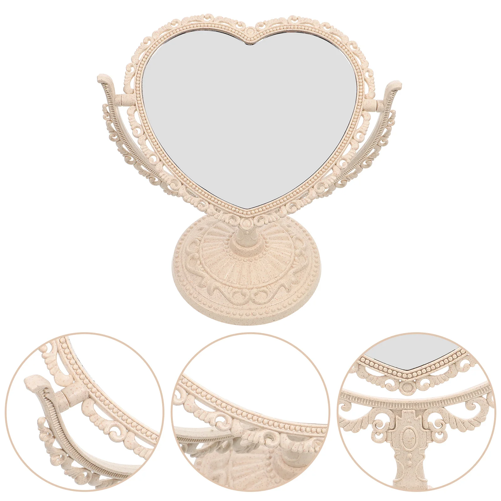 Tabletop Vanity Mirror 360 Degree Rotating Double Sided Heart Shape Beige Hd 2X Magnifying Makeup Mirror Detachable Base