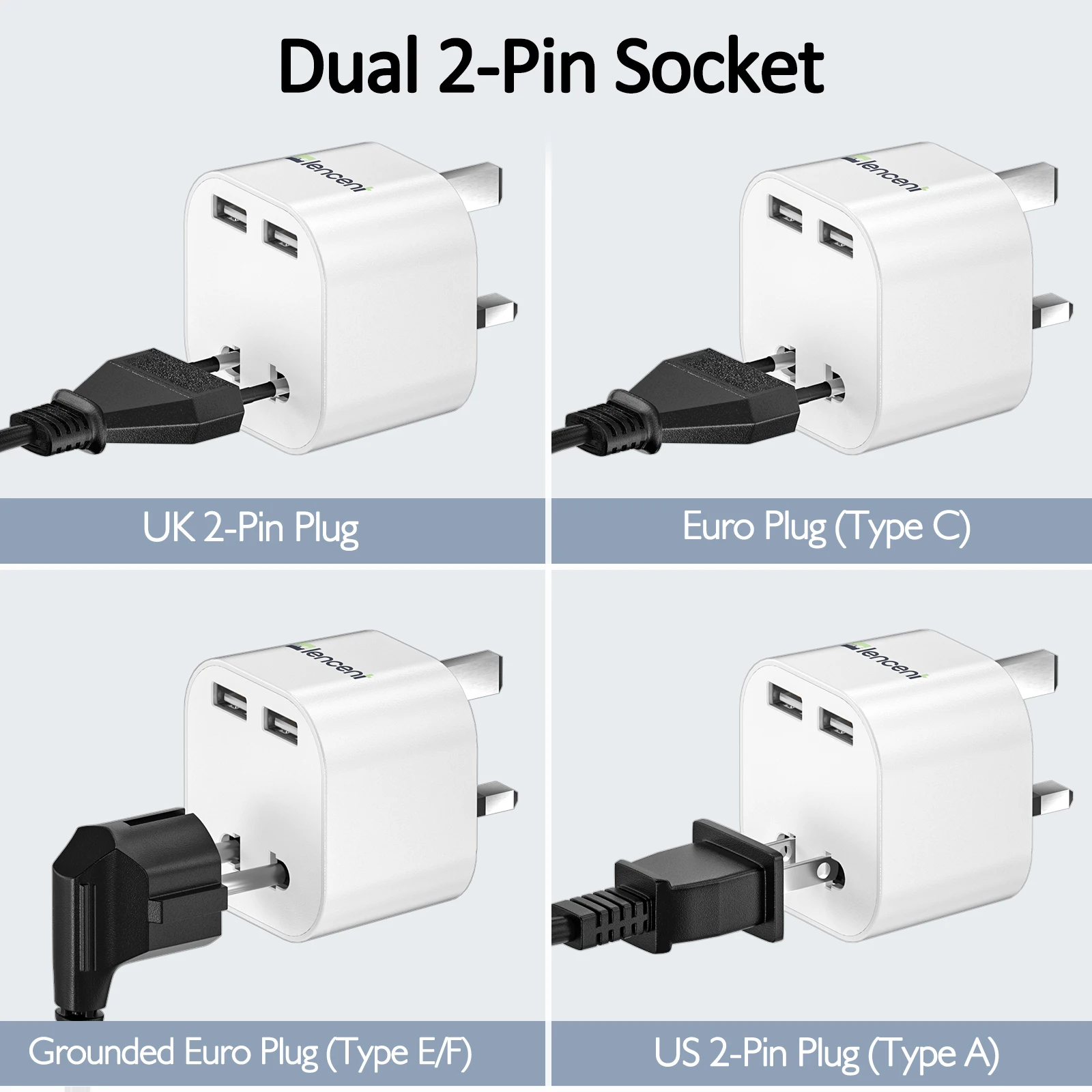 LENCENT UK 2 Pin to 3 Pin 13A Fuse Plug  Adaptor with 2 USB Ports 5V 2.4A  Wall Charger  Travel Adapter for Home and  Office