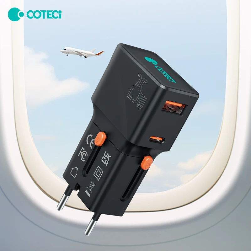 COTECi Mini Universal Travel Charger British Australian Mobile Phone Plug QC3.0 Fast Charge PD Charger 25W Travel Adapter