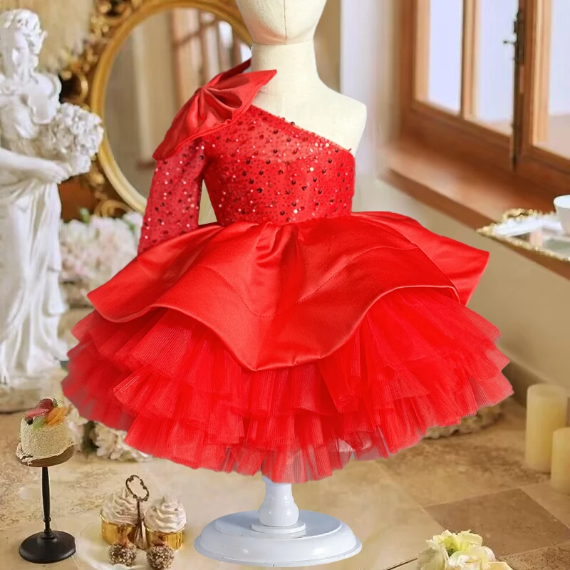 Luxury Sequin Princess Party Dress  sleeved New Fashion Luxury One Shoulder Fluffy Carnival Lace Birthday Children Clothes