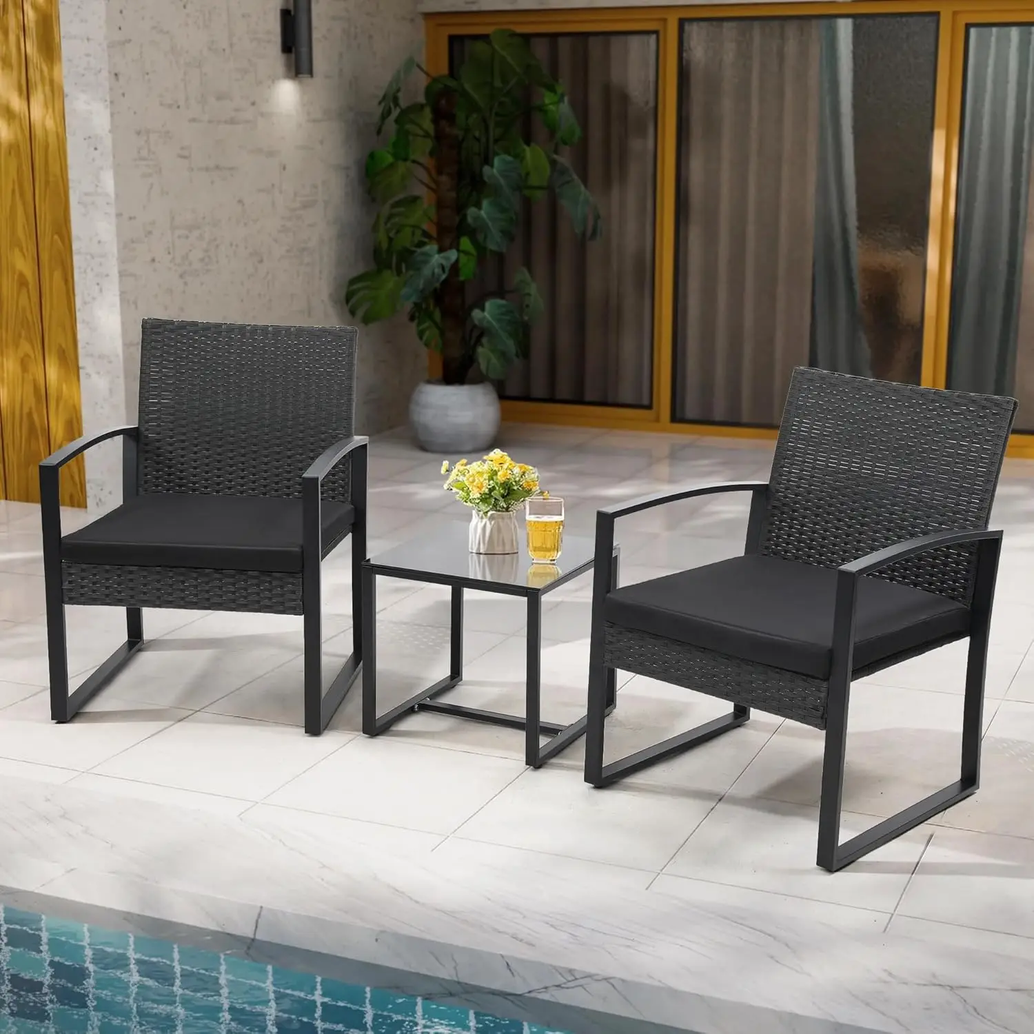 3-Piece Rattan Patio Bistro Set, black frame with cushions, matched coffee table for balcony, garden and poolside