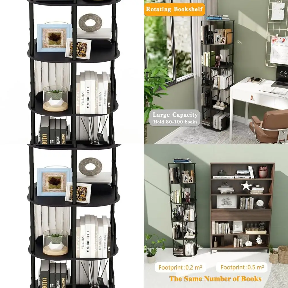 

5-полочный стеллаж 360 ° Вращающаяся книжная полка, высокая узкая напольная вращающаяся витрина для дома, экономия пространства, черная