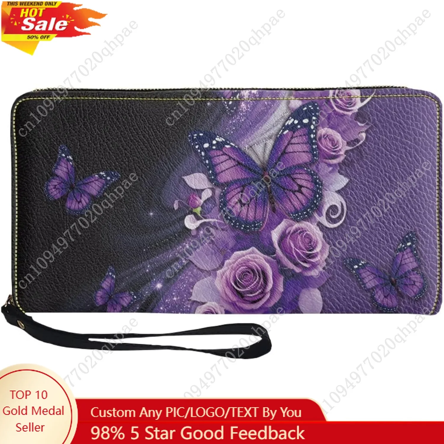 Purple Butterfly Rose Floral Print Long Wallet Ladies Long Wallet PU Leather Card Holder Large Capacity Zip Around Clutch Purse