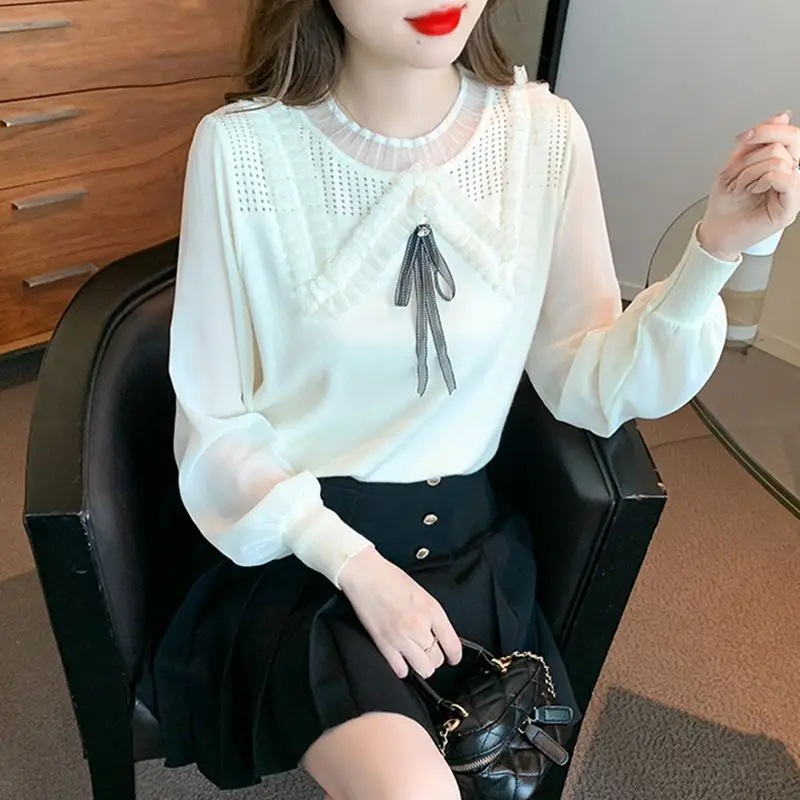 Fashion O-Neck Gauze Spliced Lace Ruffles Hollow Out Bow Blouses Female Clothing 2024 Spring New Loose Korean Tops Sweet Shirts