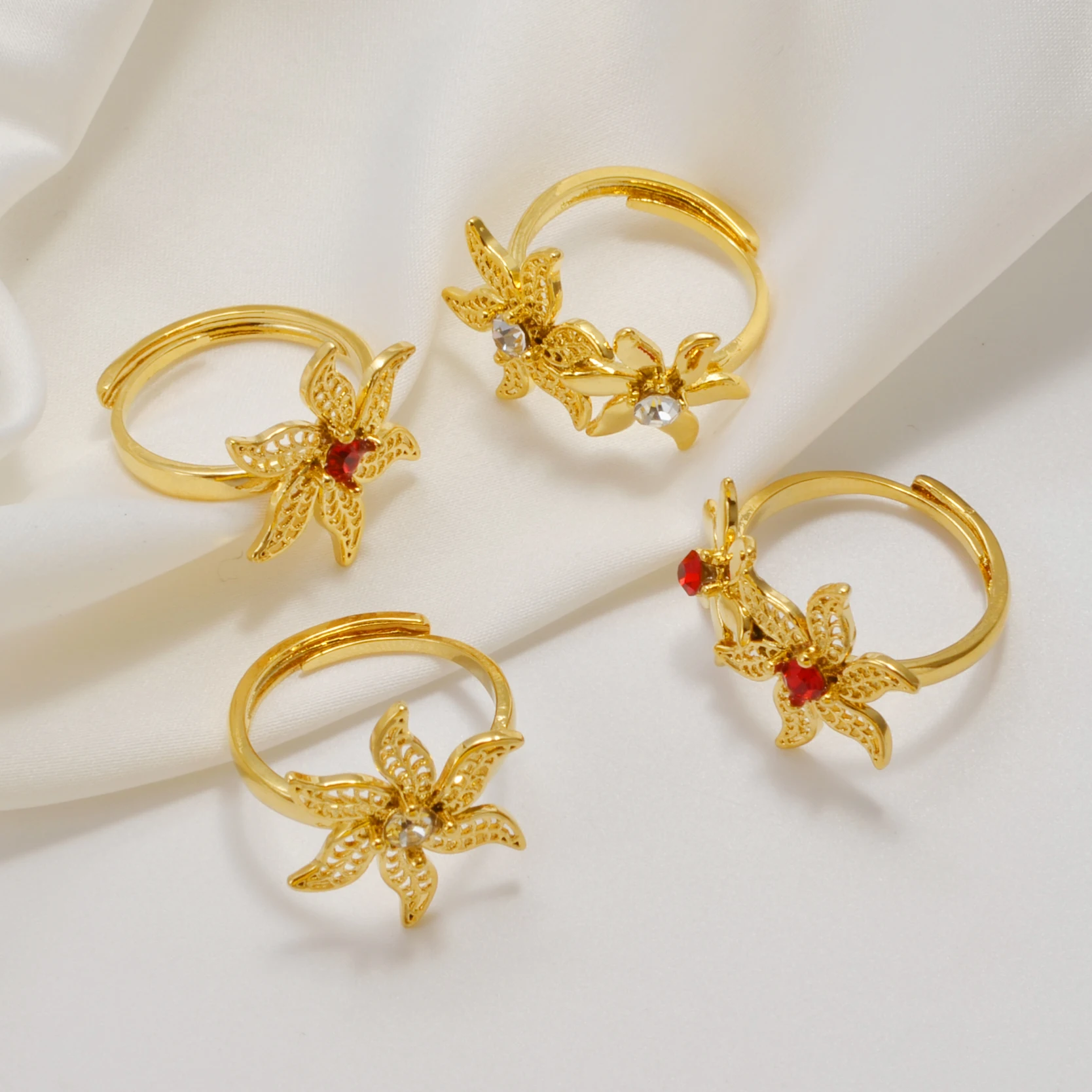 Anniyo African Flowers Rings With Red and Clear Rhinestone for Women Girls Gold Plated Mayotte Jewelry #345306