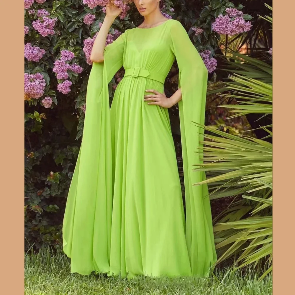 

Classy Long Green O Neck Chiffon Evening Dresses Full Sleeves with Slit A Line Floor Length Vestidos Fiesta Noche Largo